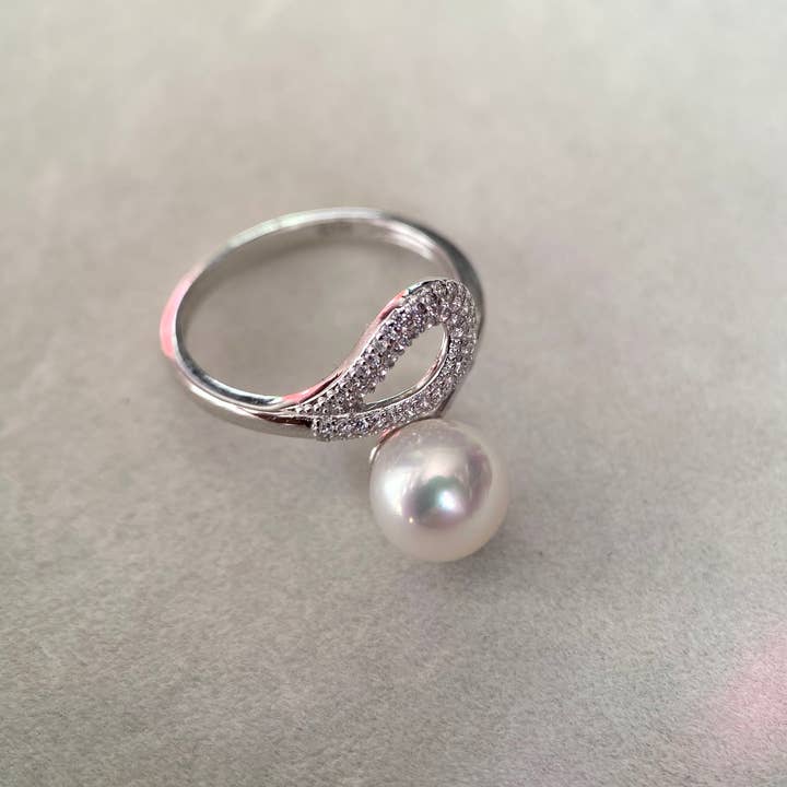 b29 - Wholesale Single stone/solitaire ring - 6A 8mm Japanese Crystal-White Akoya Pearl Ring Pink Overtone13