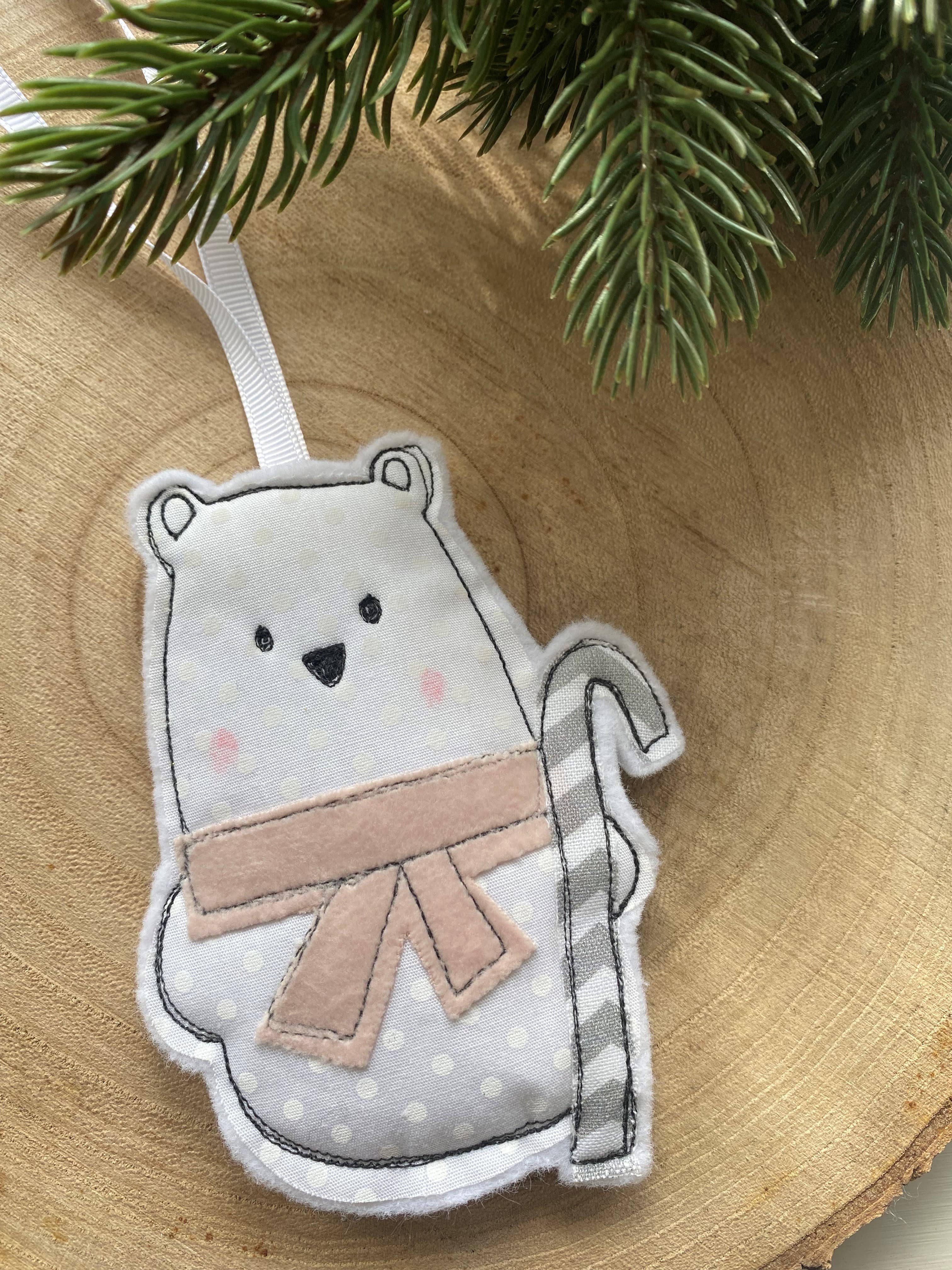 Girl Friday Embroidery – wholesale Christmas decoration – Polar bear freehand embroidered tree decoration pink scarf1