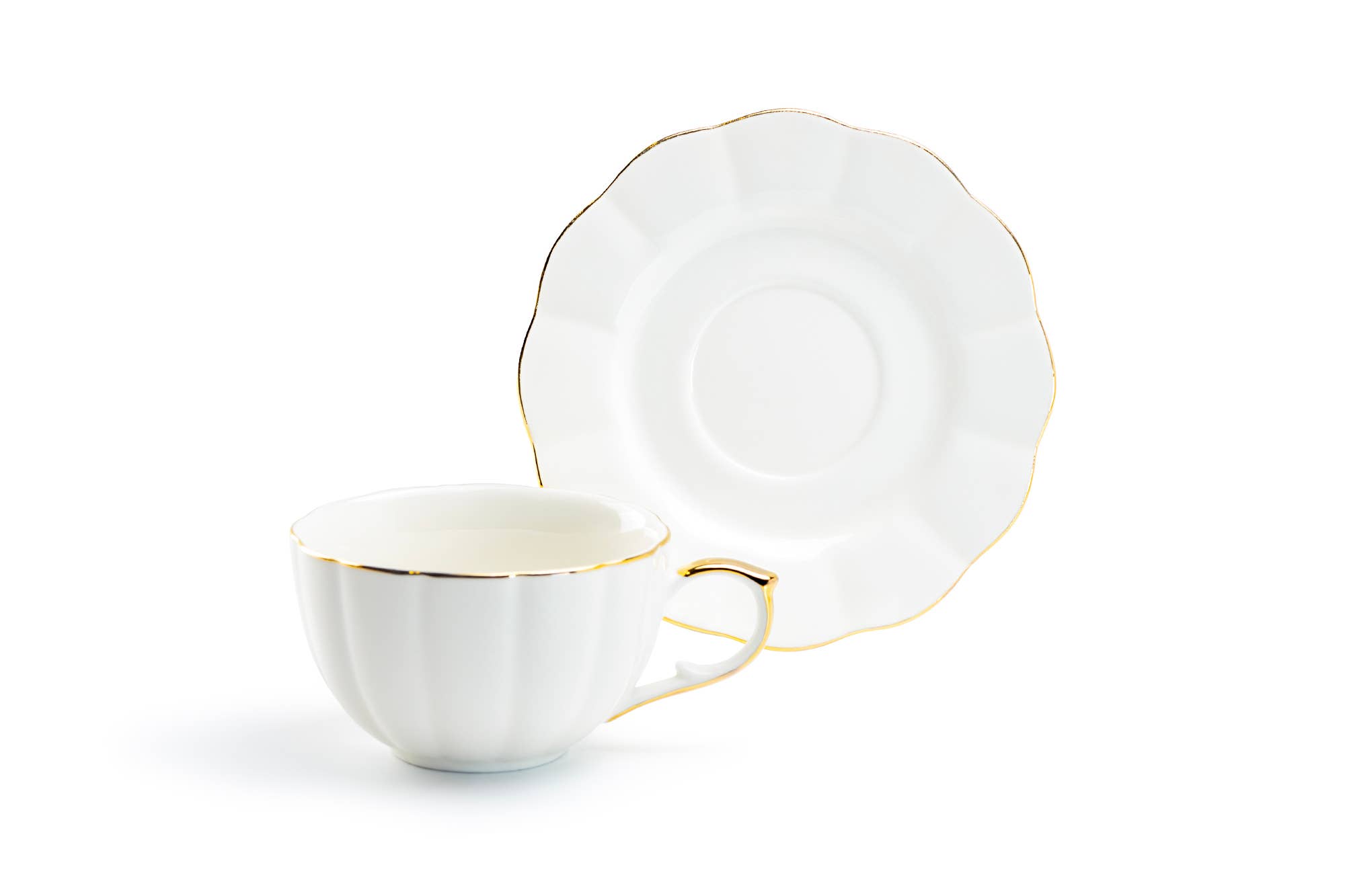 Grace Teaware - Wholesale Coffee/Tea Cup - White Gold Scallop 7oz Fine Porcelain Tea Latte Cup & Saucer3