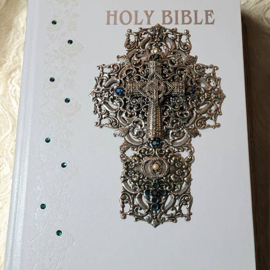 DeMartineau - Wholesale Religion Book - NABre Jeweled Catholic Wedding Bible-White with Blue/green stones