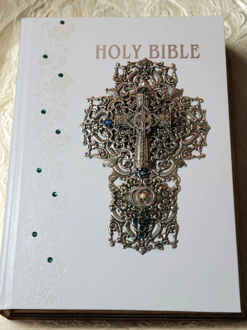 NABre Jeweled Catholic Wedding Bible-White with Blue/green stones for wholesale by DeMartineau