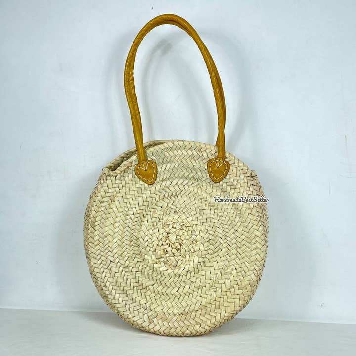 Round Straw Basket Bag Double Leather Handle, Moroccan Bag for wholesale by HandmadeBestSeller