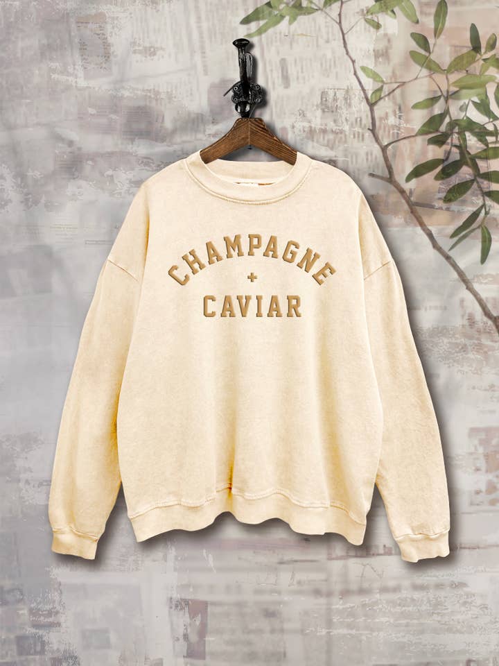 Vintage Point - Wholesale Graphic Sweatshirt - Women's - SWD385-P6216 - CHAMPAGNE & CAVIAR MINERAL WASHED SWEATSHIRT