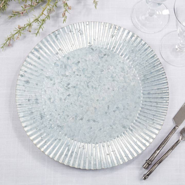 Silver Country Charm Ruffled Galvanized Charger Plate for wholesale on Faire