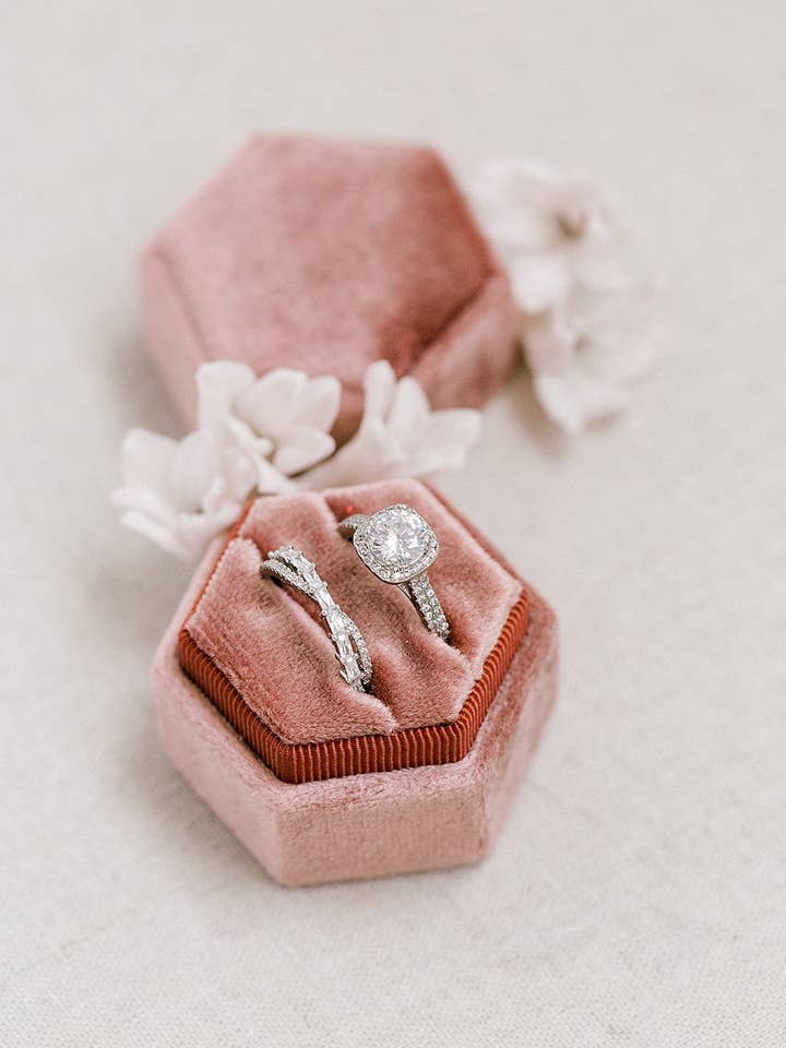 Dusty Rose Velvet Hexagon Ring Box for wholesale by Belle Box Boutique