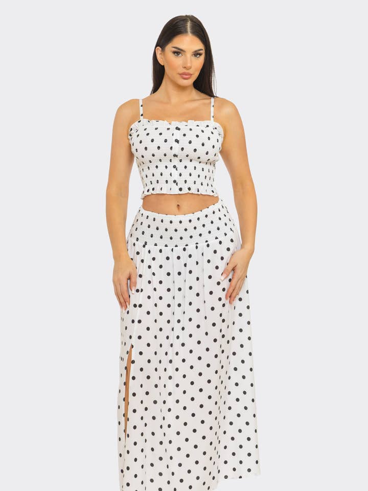 Polka Dots Smocking Front Fake Buttons Top And Skirt Set for wholesale by Julia by LoveJ