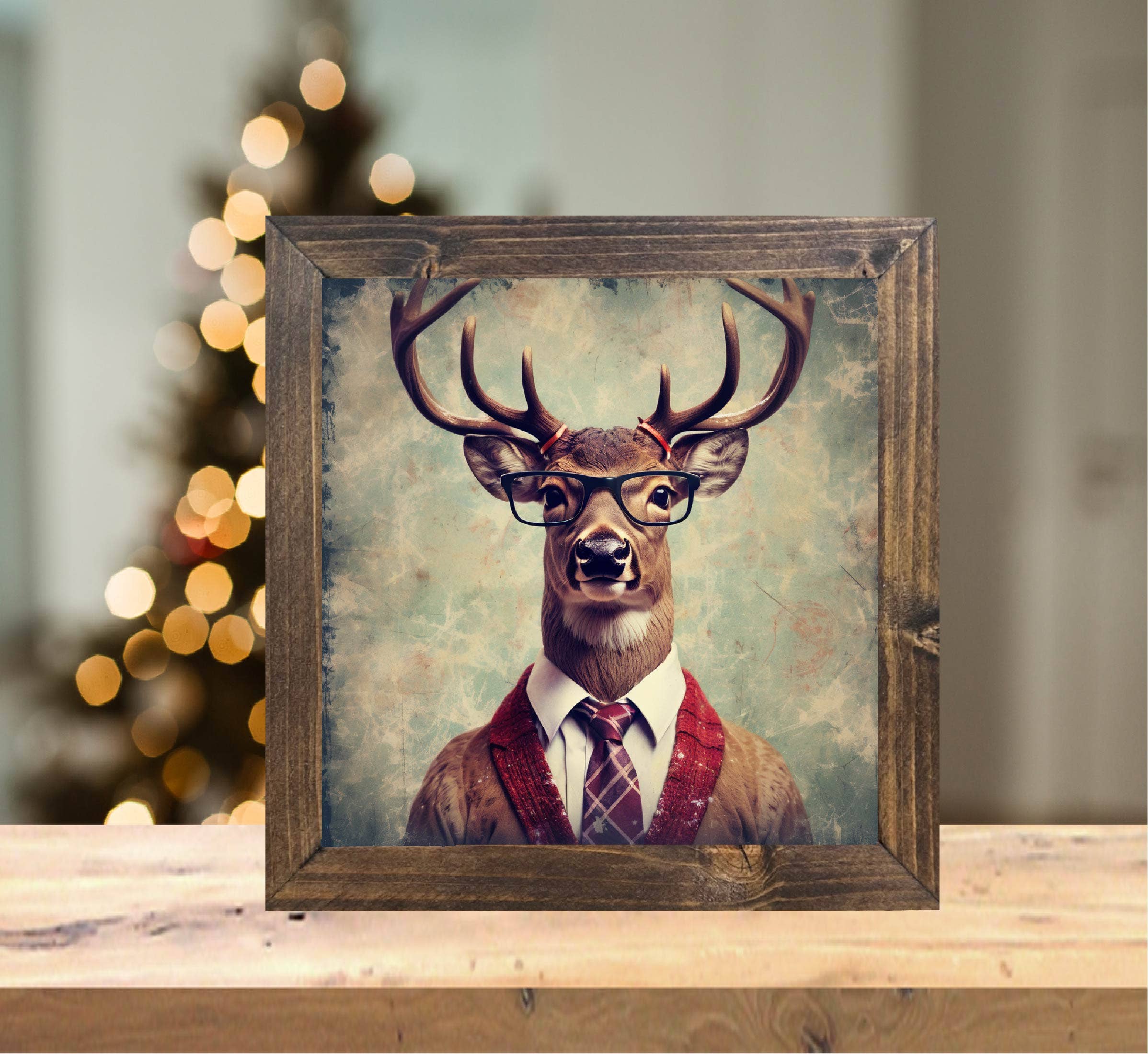 Teele and Co. - Wholesale Sign - Deer Wearing Glasses Portrait Christmas Framed Art Sign   1