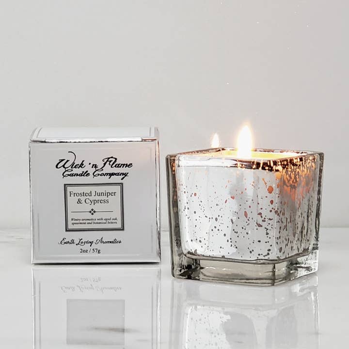 Frosted Juniper & Cypress 2oz Mini Cube Votive for wholesale by Wick 'n Flame Candle Company
