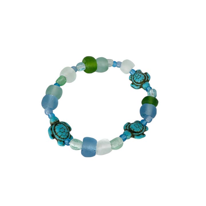 Maka Imports – wholesale Beaded bracelet – Recycled Sea Beach Glass Stretch Bracelet Turtle Beads1