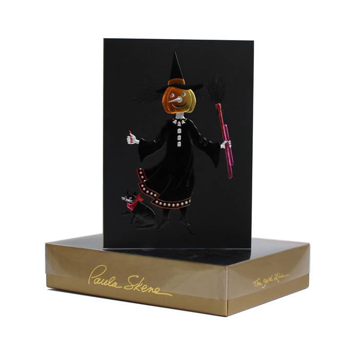 Hitch Hiking Witch on Black Halloween Card for wholesale by PAULA SKENE DESIGNS