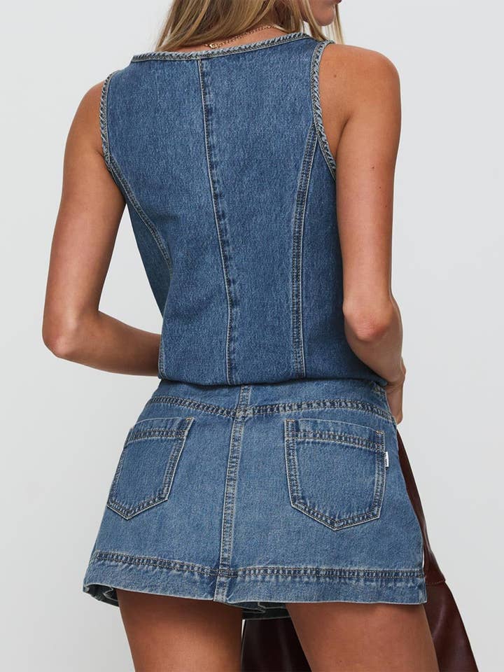 Blue Sleeveless Lace Up Denim Vest Skirts Set for wholesale on Faire2