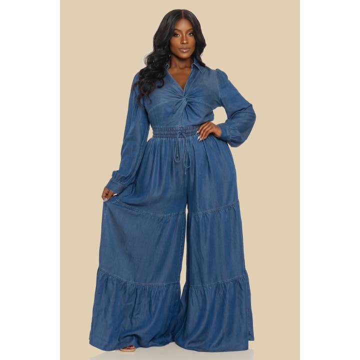 PLUS TWIST FRONT NECK LSV TIERED JUMPSUIT for wholesale by The Sang