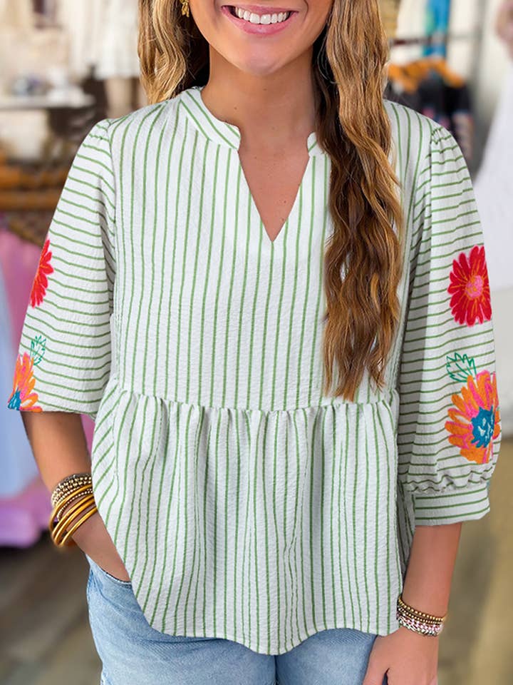 Green Stripe Flower Puff Sleeve Notch Neck Babydoll Blouse for wholesale by Kustom Kreations Goods