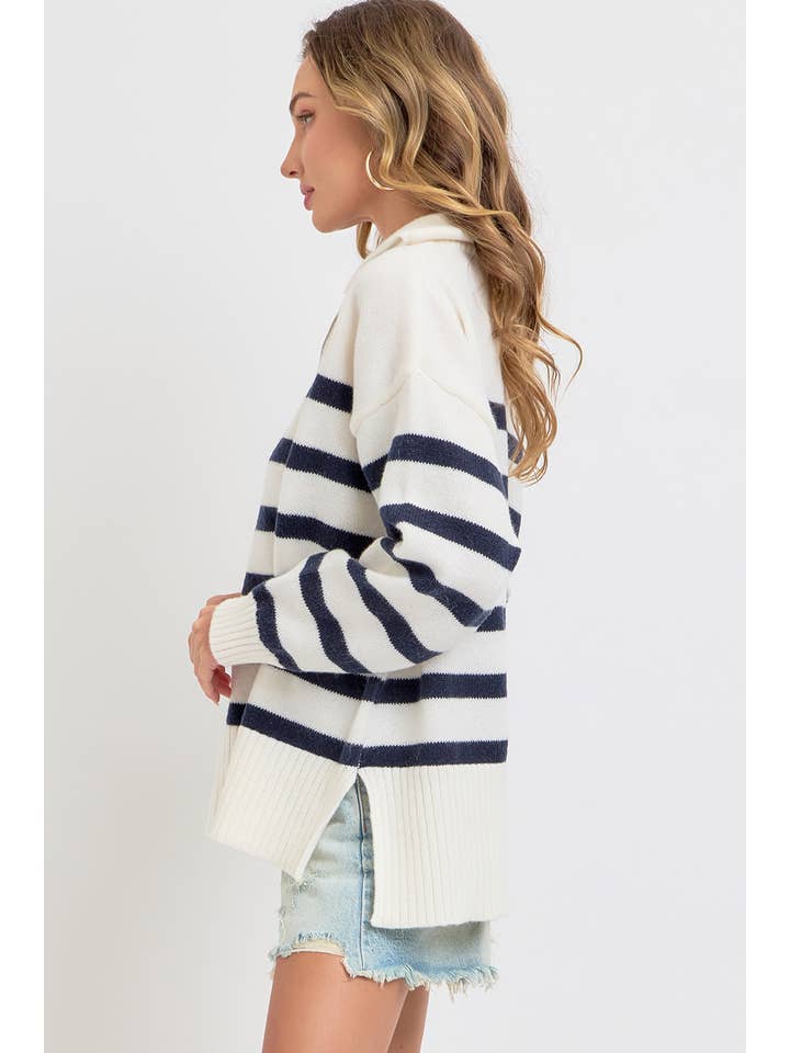 Sweet Lovely by Jen - Wholesale Knit Sweater - Women's - STRIPED ZIP-FRONT OVERSIZED PULLOVER KNIT SWEATER 21