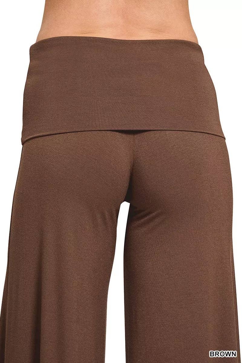 BROWN Zenana Fold Over Waist Comfy Wide Leg Pants for wholesale on Faire3