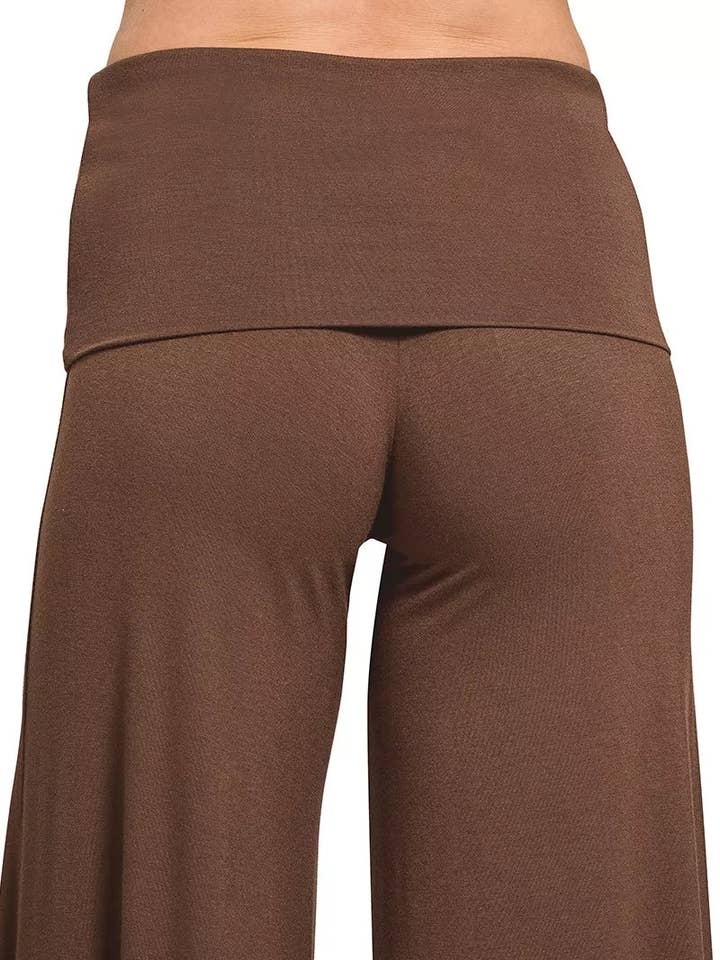 MARRON Pantalon large confortable à taille rabattable Zenana en vente sur Faire3
