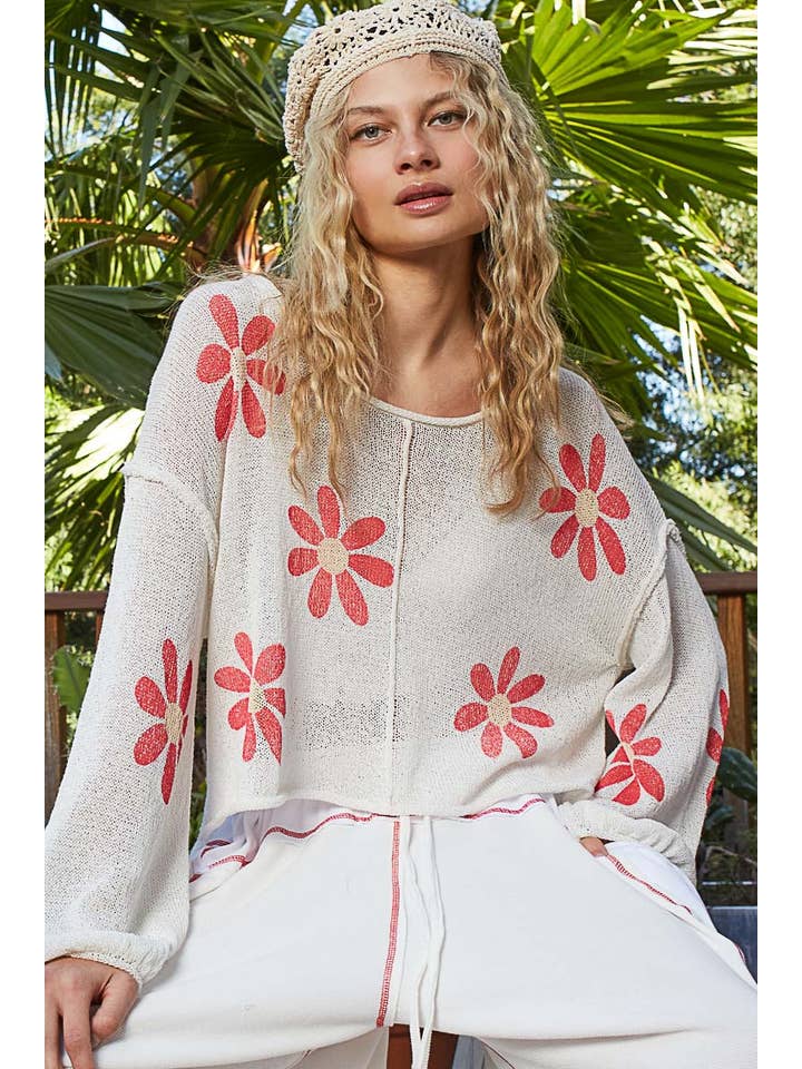 Pol Clothing - Wholesale Knit Sweater - Women's - Round neck balloon sleeve floral prints sweater SALE