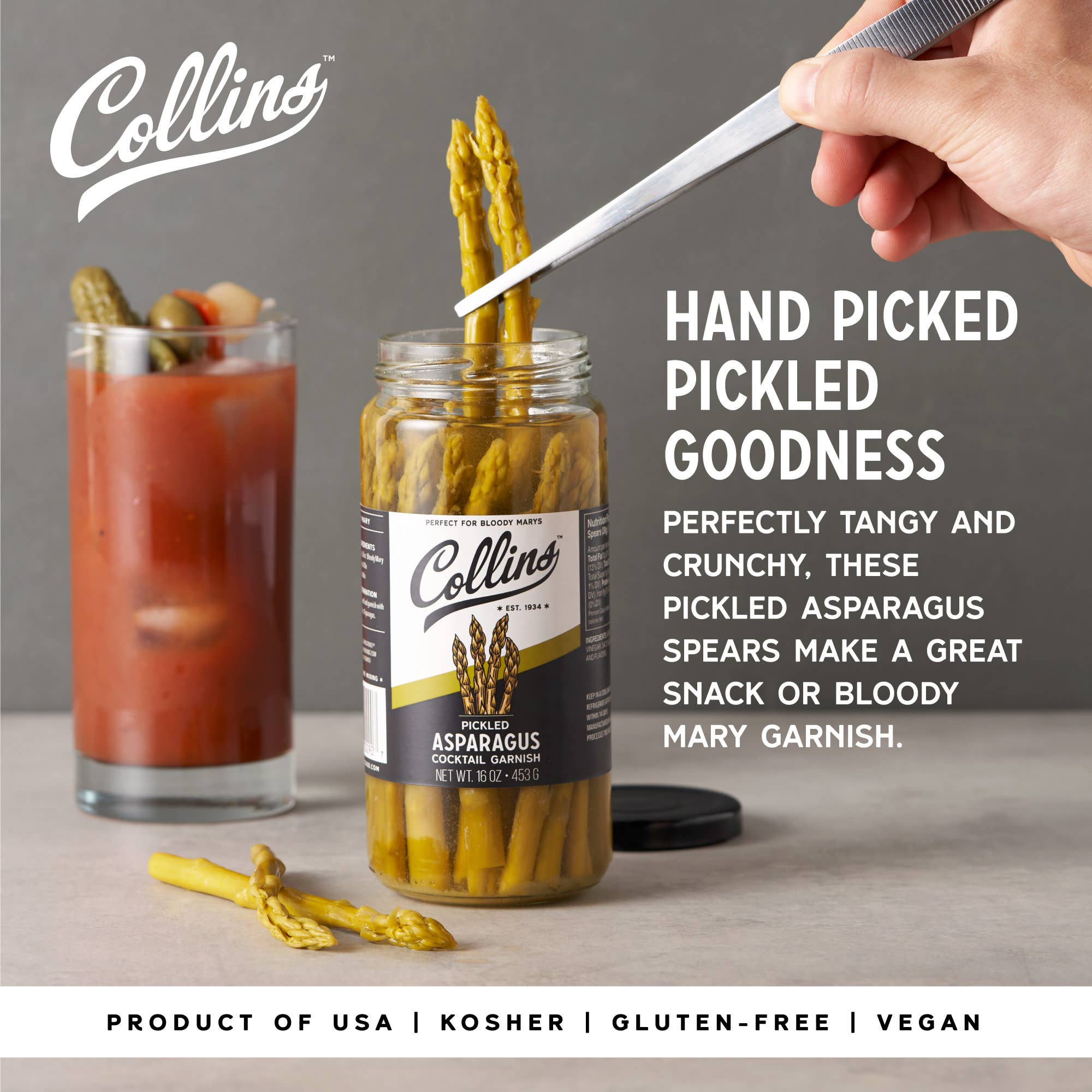 Collins - Wholesale Pickled Vegetables - Gourmet Pickled Asparagus Cocktail Garnish 16 oz1