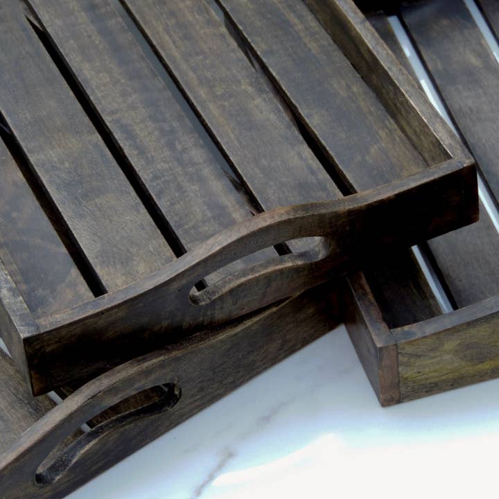 Handmade Barn Wood Serving Tray in Charcoal Grey, Set of 3 for wholesale on Faire3