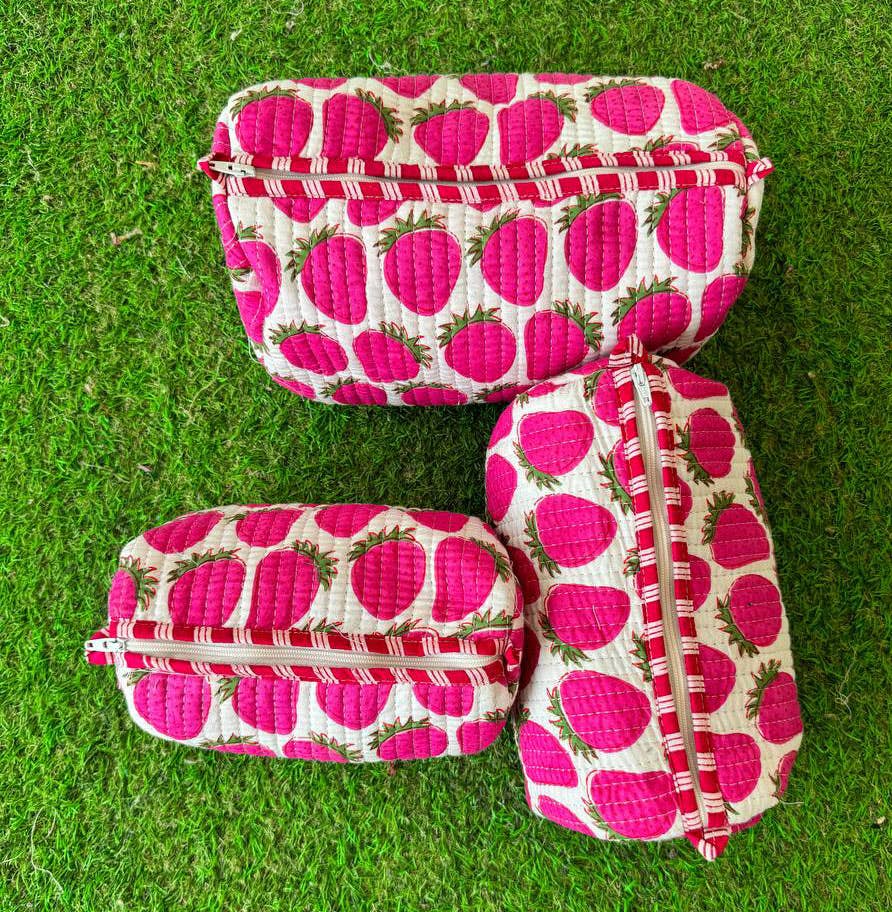 GYPSY STUDIO - Wholesale Makeup/Cosmetic Bag - Strawberry Design Block Print Bag Quilted Cotton Makeup Bags