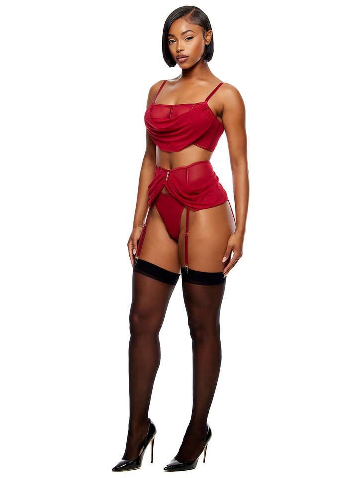 Princess Treatment Draped Mesh Bra and Garter Belt Lingerie Set - Wine for wholesale on Faire