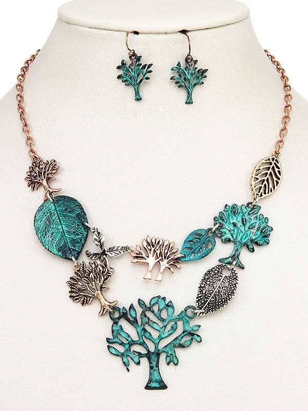 ETCHED LEAF AND TREE LINK BIB NECKLACE SET for wholesale by anbfashion