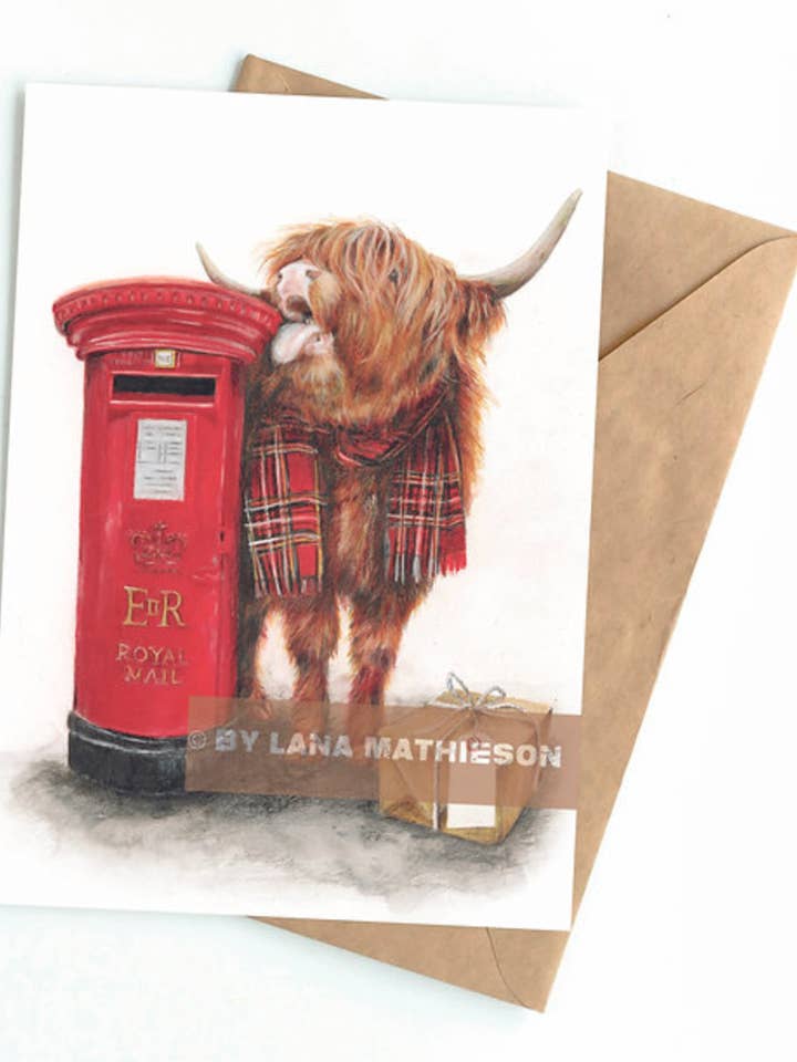 Free Stamp Licks (Greeting Card) | Highland Cow Card for wholesale by Art by Lana Mathieson
