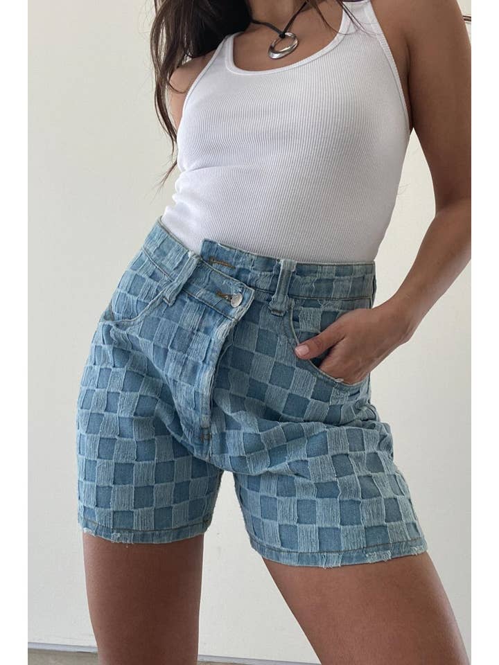 Asymmetrical Distressed Checker Shorts for wholesale by Et Clet