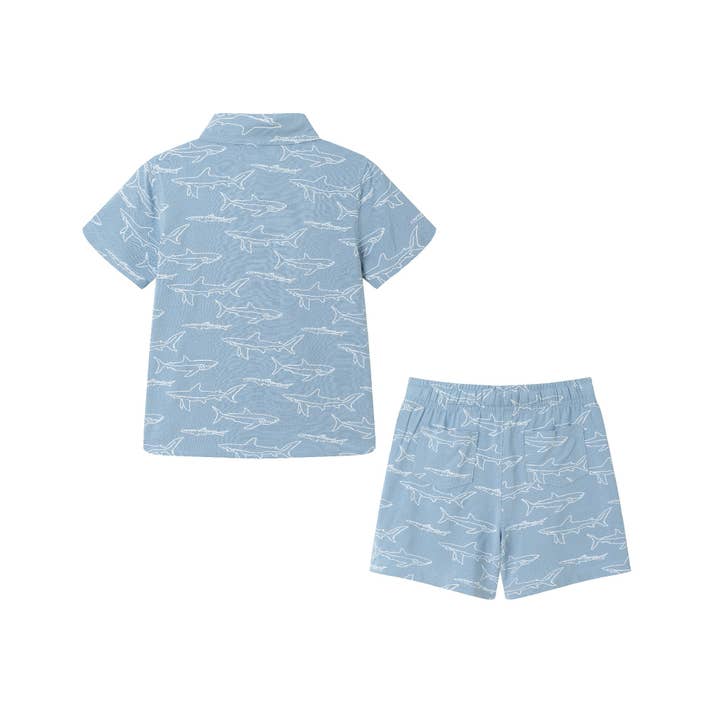 Kids (2-8) Shark Print Buttondown Set | Blue for wholesale on Faire