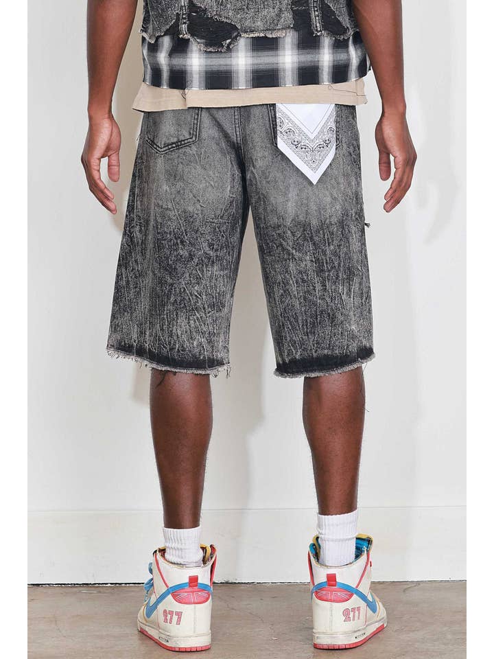 Black Stone PATCHES CUT OFF PLAID DENIM JORTS for wholesale on Faire3