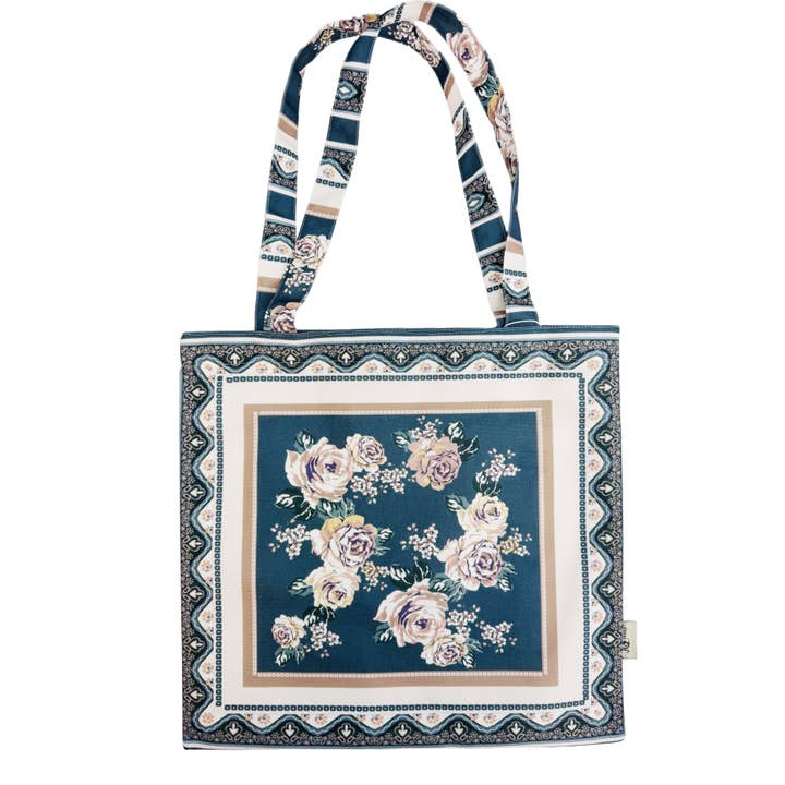 JC Sunny Fashion - Wholesale Tote Bag - Women's - Art-Inspired Premium Shoulder Bag--Teal Bordered Floral