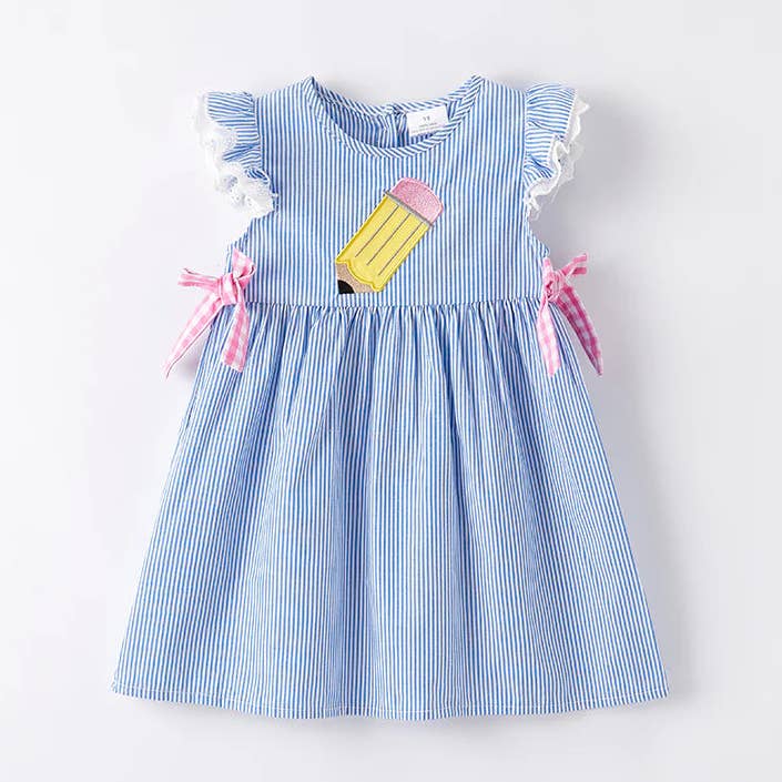 Meisjes Terug Naar School Blauw Gestreepte Potlood Applicatie Jurk voor wholesale door Auraquise