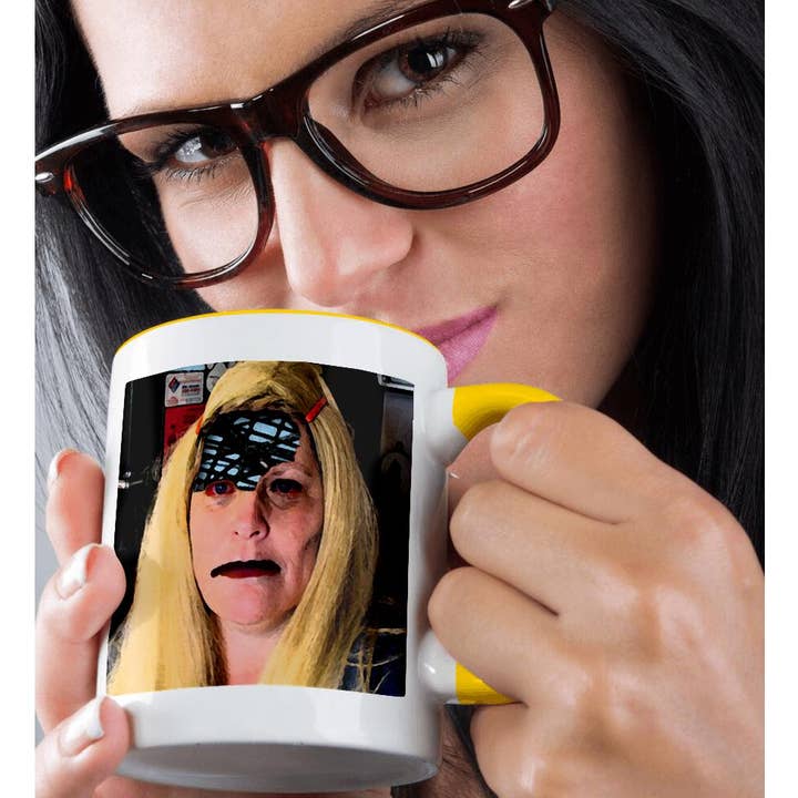 3dRose - Wholesale Coffee Mug - 3dRose, A Blonde Halloween Wig on a Woman With Part of Her Skull Cut Out and Electrical Post Inside, Mug1