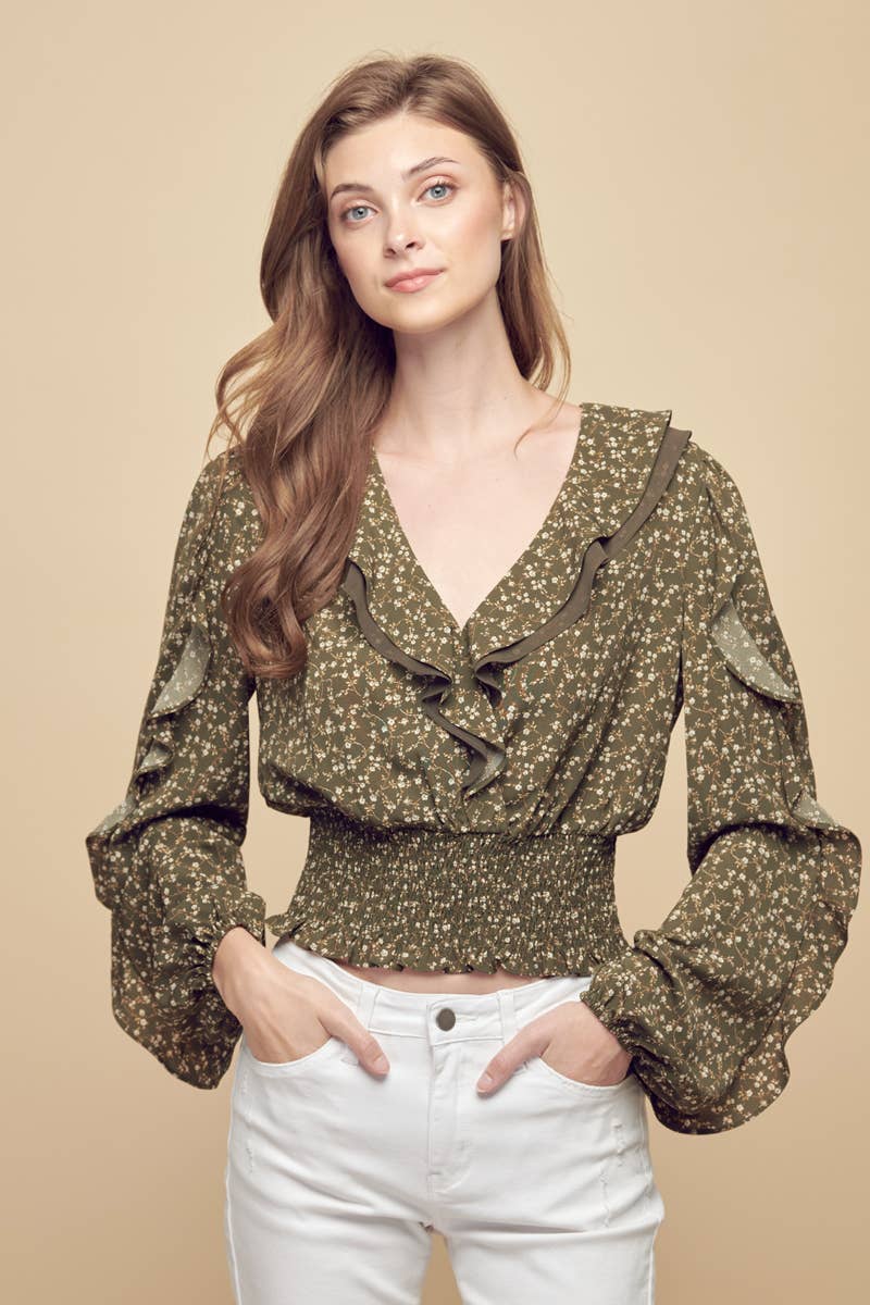 Petal Dew - Vendita all'ingrosso Camicetta - Donna - BLUSA FLOREALE TOP SMOCKING CROPPED INCRESPATO - P000301