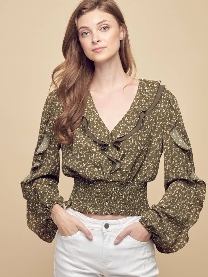 Petal Dew - Vendita all'ingrosso Camicetta - Donna - BLUSA FLOREALE TOP SMOCKING CROPPED INCRESPATO - P000301