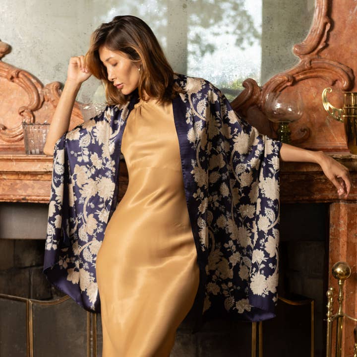 Elizabetta Made in Italy USA - Wholesale Scarf - Women's - Esmeralda - Silk Scarf/Shawl - Midnight Blue & Gold