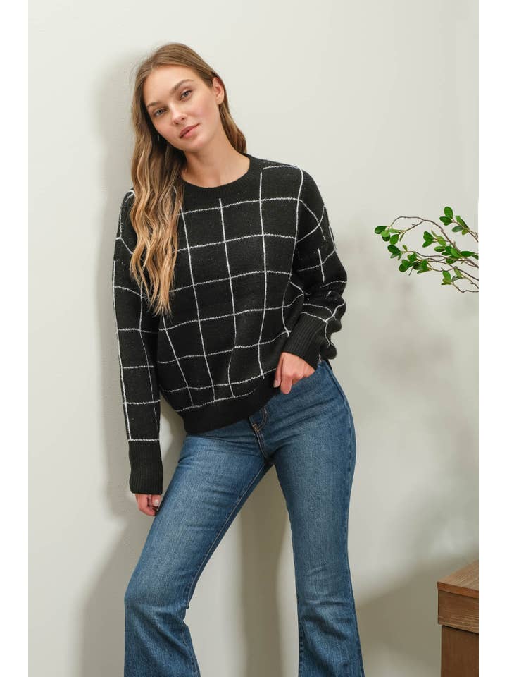 The Workshop Studio - Wholesale Knit Sweater - Women's - GRID PRINT CREW NECK KNIT PULLOVER SWEATER