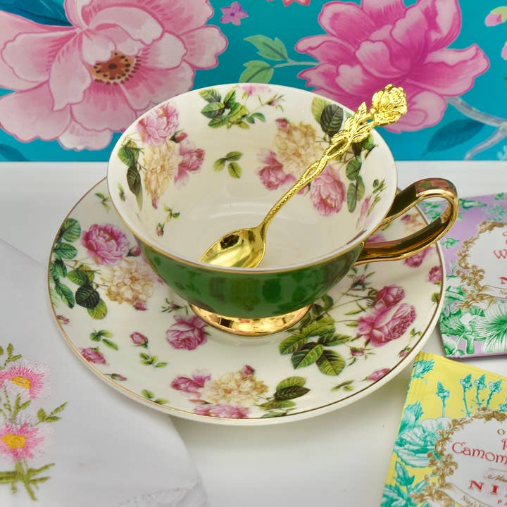 Landrose. Chintz Hunter Grøn Tekop og Underkop for engroshandel hos All Little Cute Things