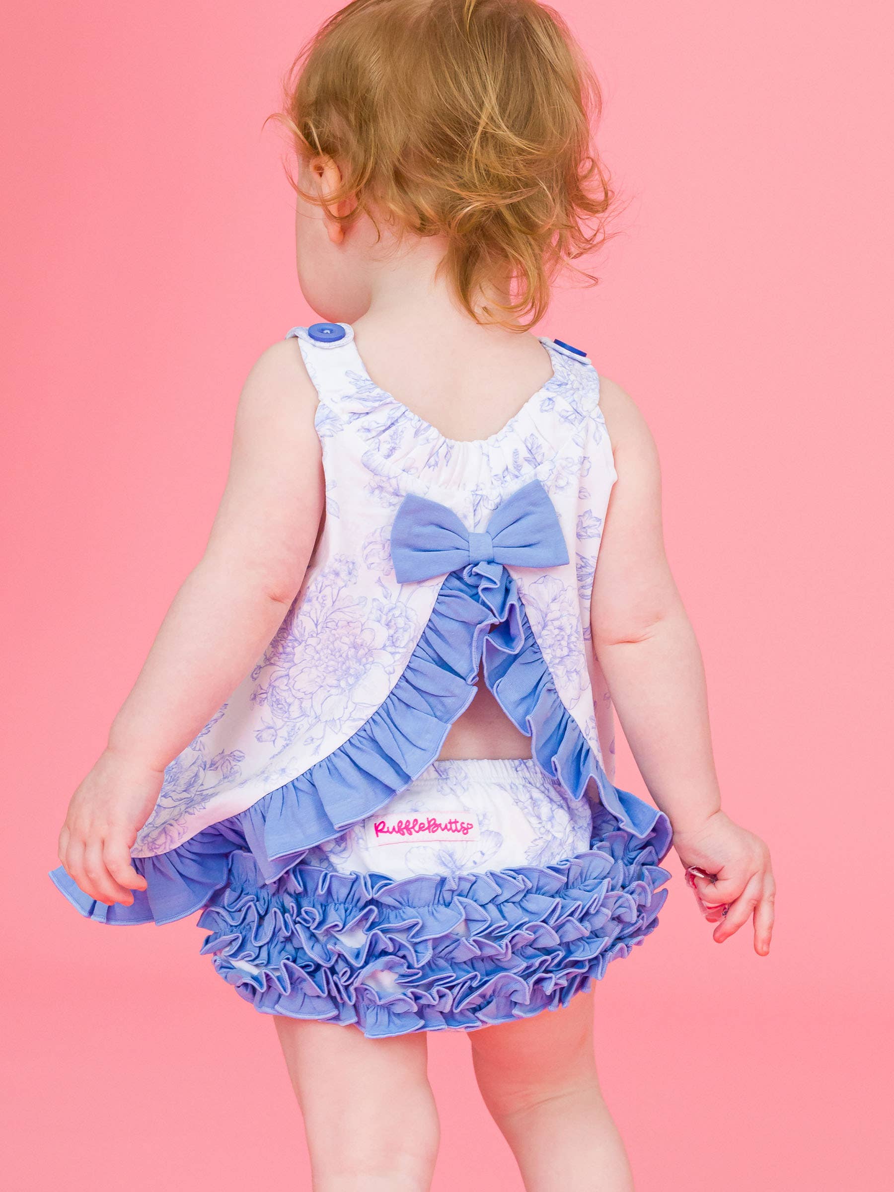 Bleu Ensemble haut évasé et bloomer en tricot jardin de papillons bleu pervenche pour bébé fille en vente sur Faire1