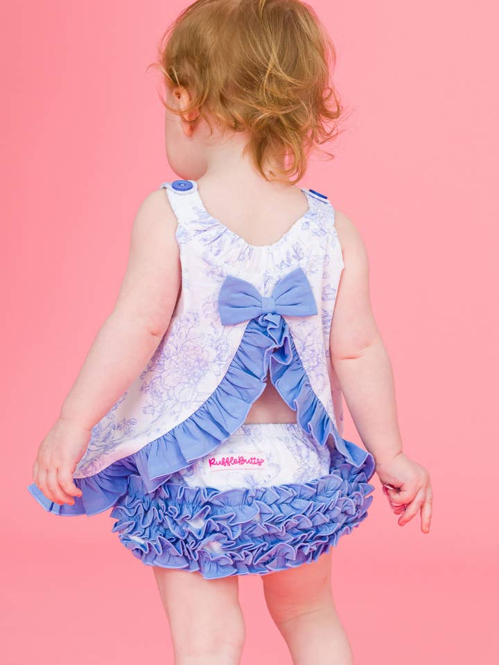 Bleu Ensemble haut évasé et bloomer en tricot jardin de papillons bleu pervenche pour bébé fille en vente sur Faire1