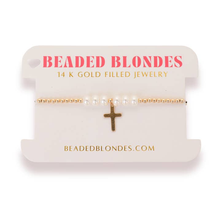 Beaded Blondes - Wholesale Charm/Dangle Bracelet - Cross + Pearl Gold Charm Bracelet