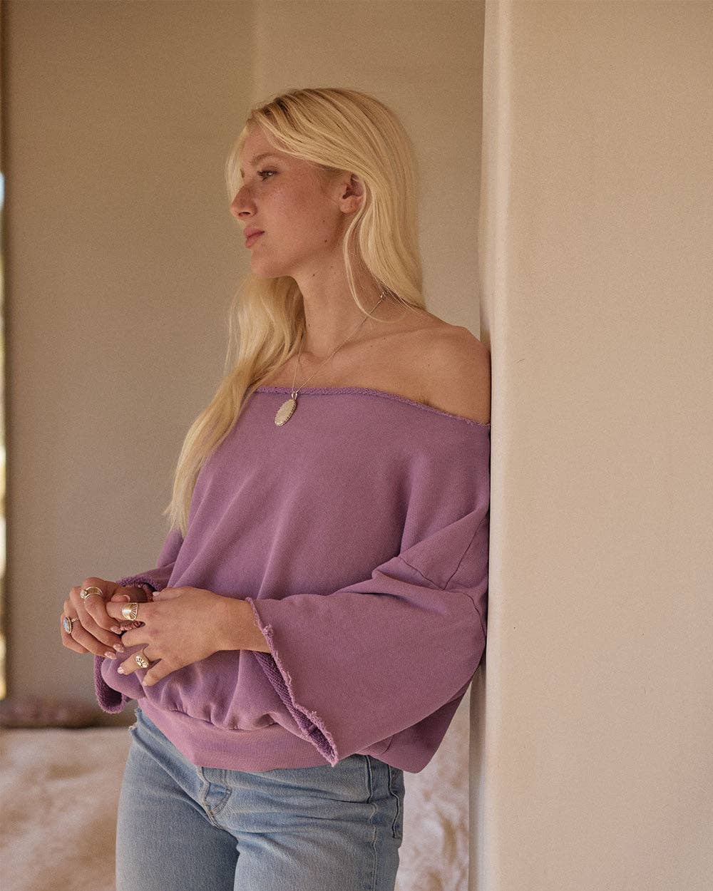 US Blanks - Wholesale Sweatshirt - Women's - Off the Shoulder Boat Neck Raw Edge - Cotton Twill Fleece1