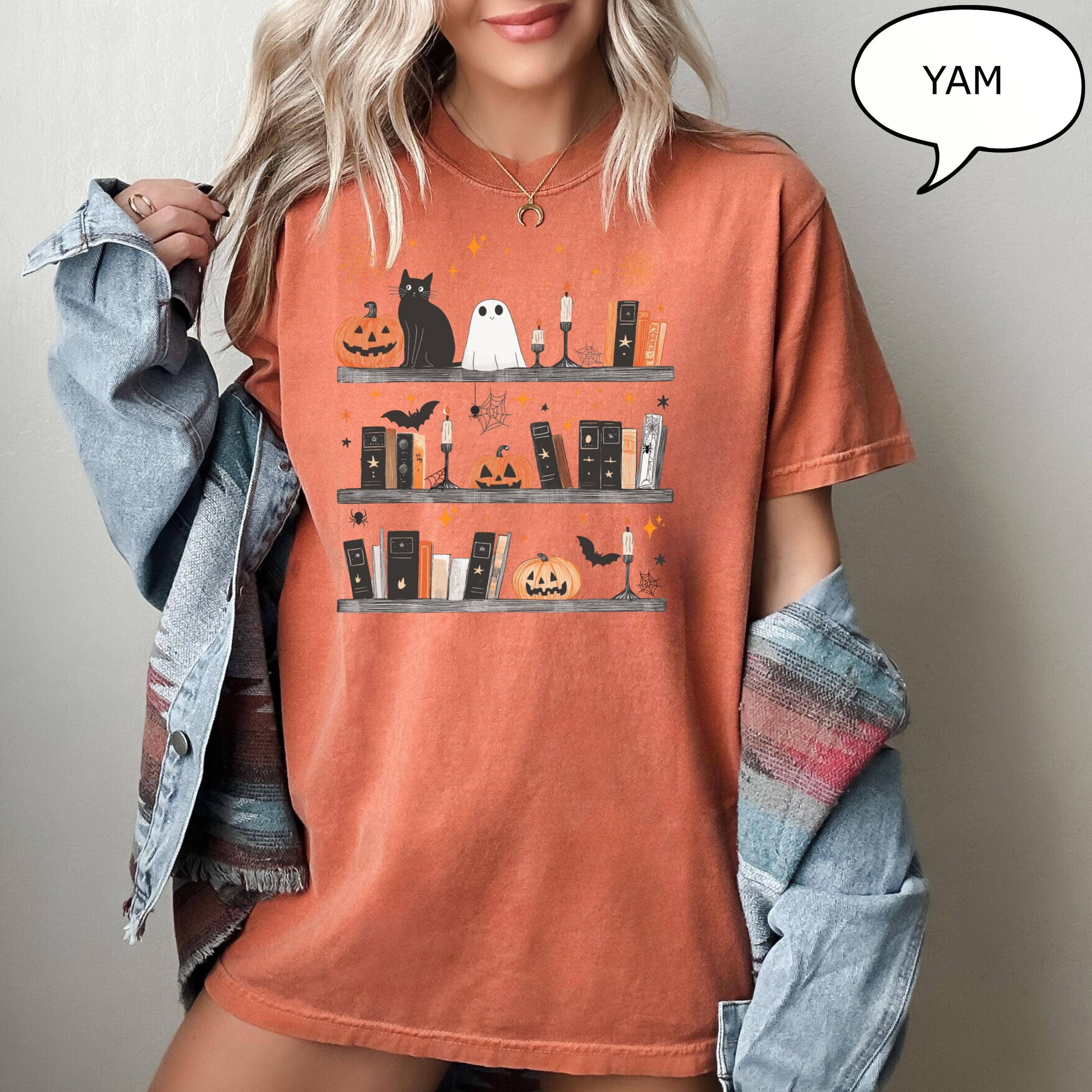 Glaime – wholesale T-shirt (graphic) – unisex –  Comfort Colors Halloween Pumpkin Cat Ghost and Book Shirt1