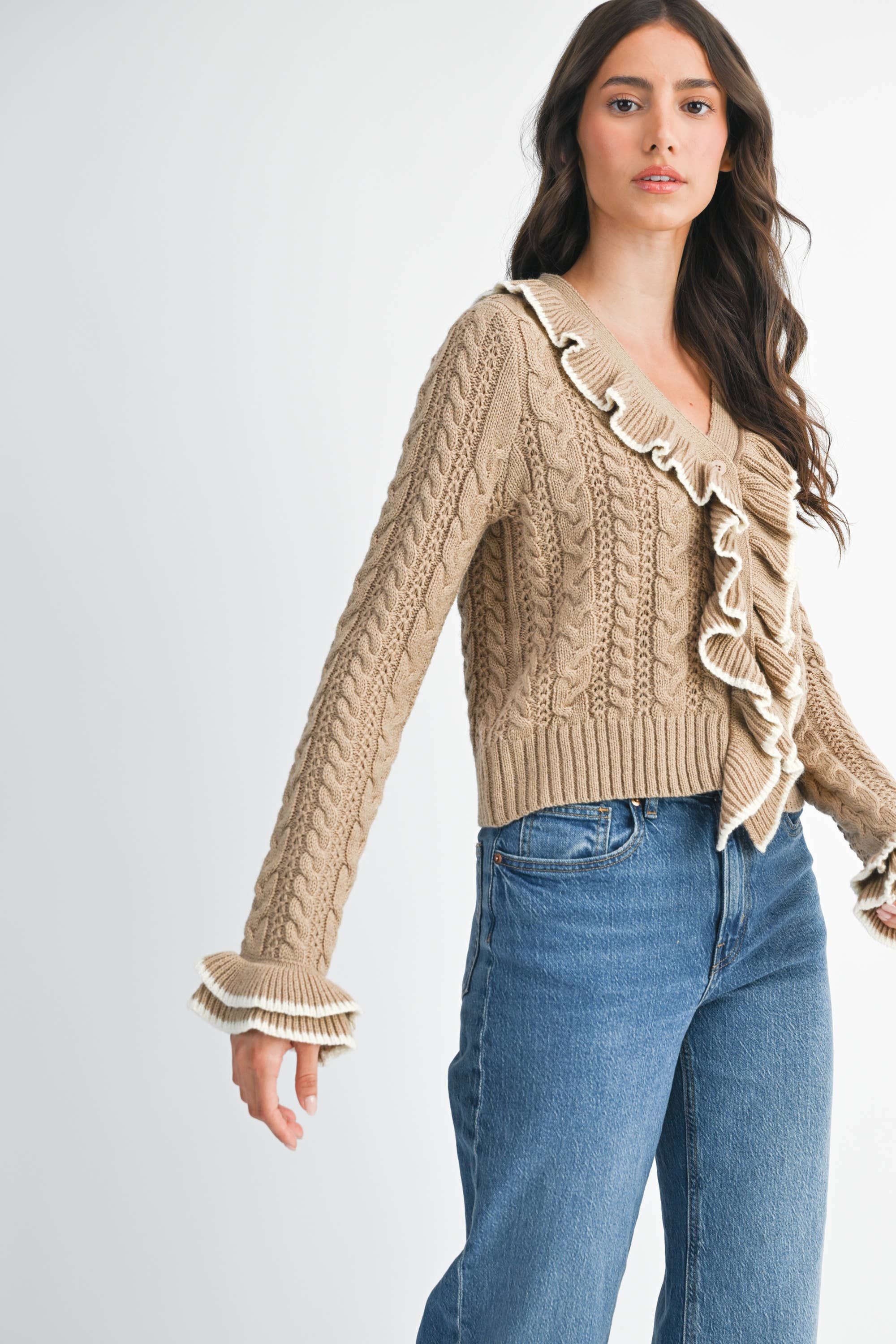 Camellia - Wholesale Cardigan - Women's - STYLIESH BLUE RUFFLED CARDIGAN21