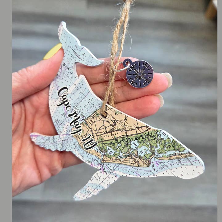 Map Mom - Wholesale Ornament - Whale Shaped WOOD MAP Ornament- Custom Location! 3