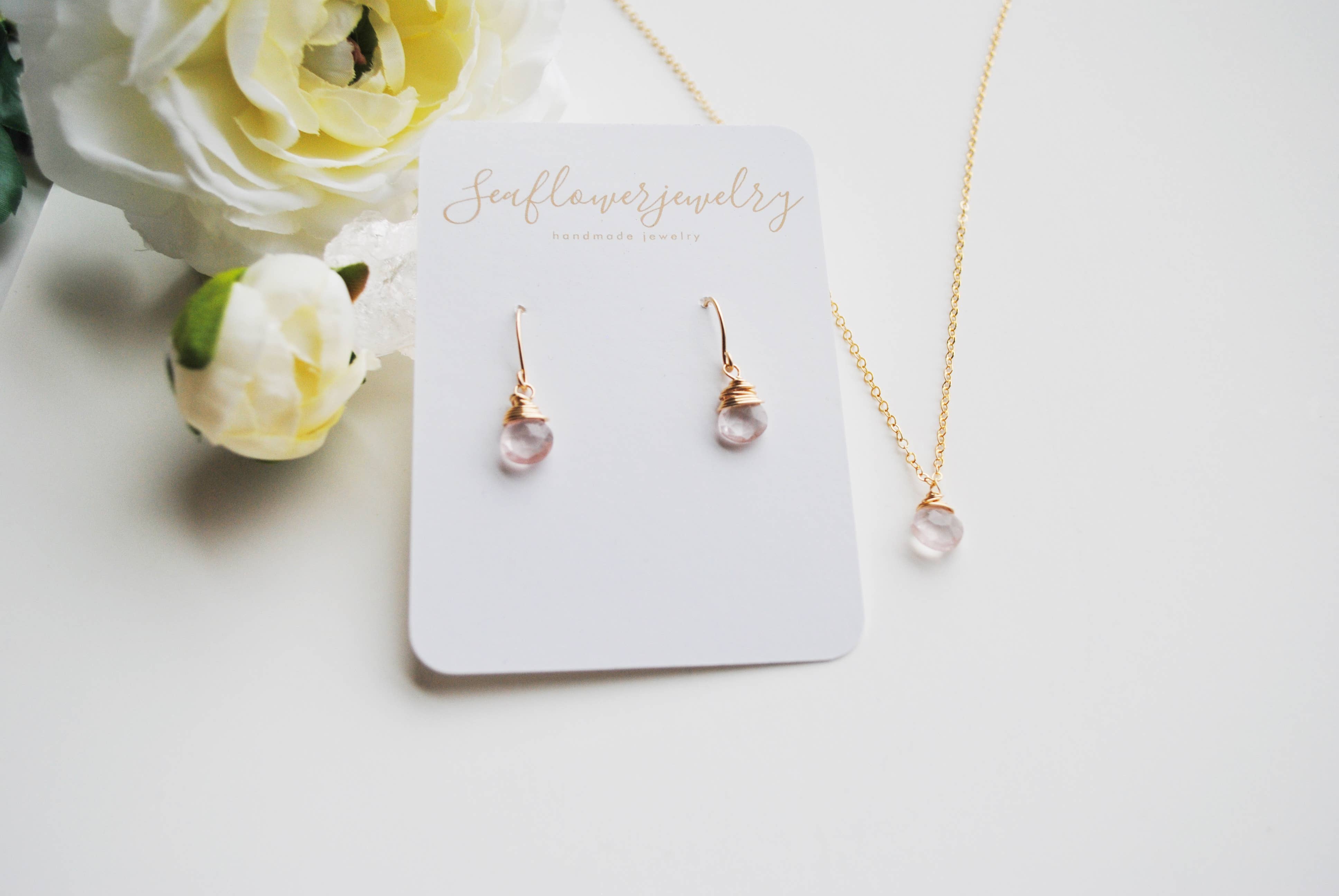 Seaflowerjewelry - Wholesale Dangle Earrings - Rose Quartz Earrings/ Simple dainty drop pink quartz1