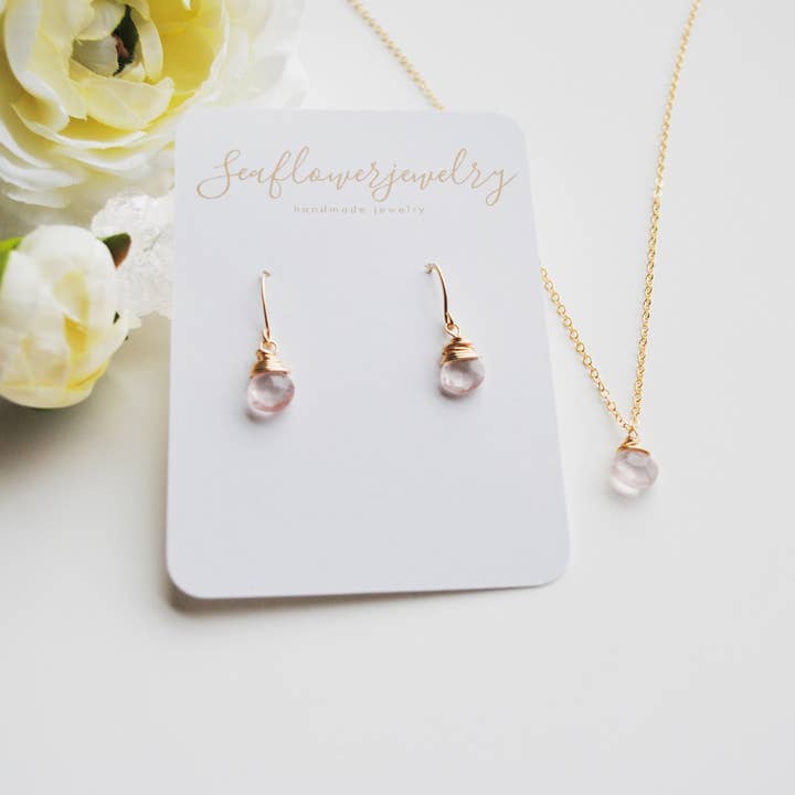 Seaflowerjewelry - Wholesale Dangle Earrings - Rose Quartz Earrings/ Simple dainty drop pink quartz1