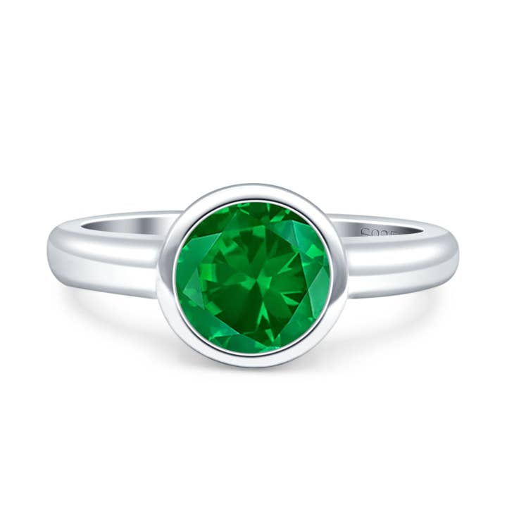 Bezel Set 8mm Round Simulated Green Emerald CZ Engagement Ring for wholesale by Blue Apple Imports
