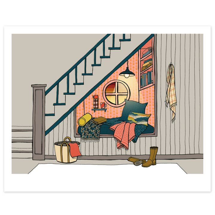 Cozy Reading Nook under the Stairs Print for wholesale by Sloe Gin Fizz