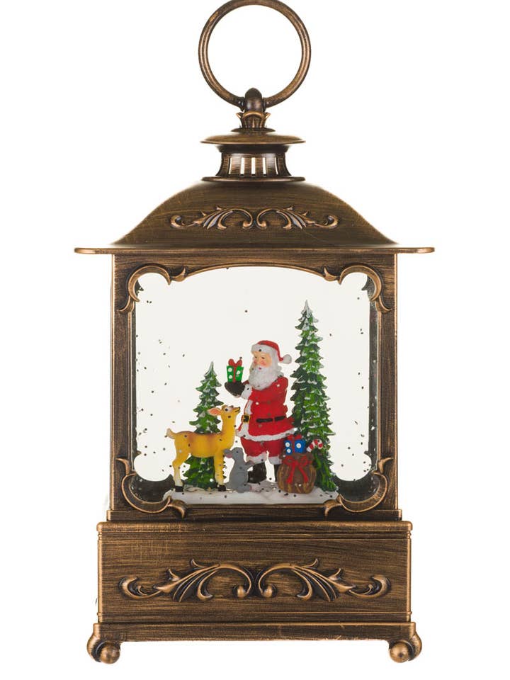 NEW-Bronze Led Lantern Snow Globe W/ Santa & Forest Animals for wholesale by Starlight Collection